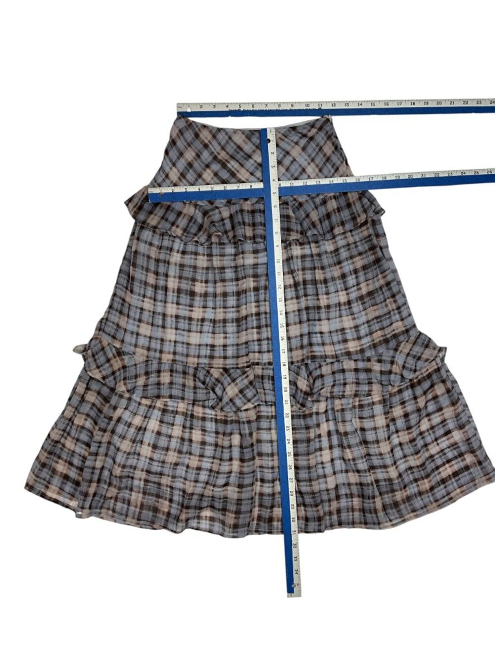 En Saison Briar Plaid Ruffle Tiered Midi Skirt XS Brown Blue Western - Picture 8 of 13